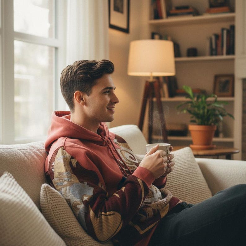 May include: A red hoodie with patterned sleeves is worn while holding a white mug. The hoodie has a hood and a patterned design on the sleeves. The person is sitting on a cream-colored couch in a living room.
