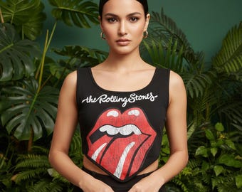Upcycled Rolling Stones Crop Top: Handkerchief Hem, Festival Fashion