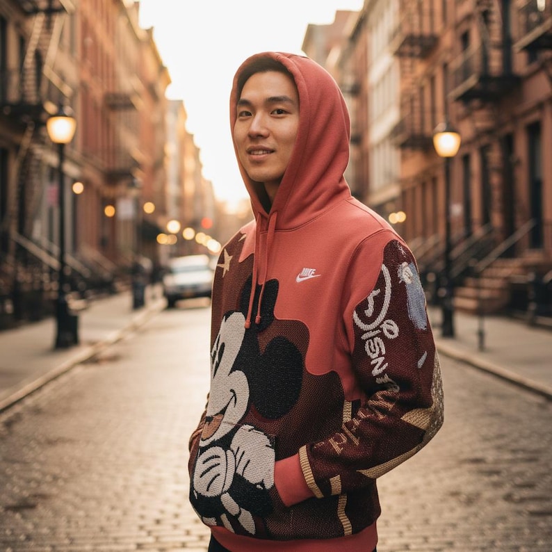 May include: A red-orange Nike hoodie featuring a Mickey Mouse design on the front and Disney World text on the sleeve. The hoodie has a drawstring hood and a kangaroo pocket. The background shows a city street.
