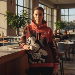 May include: A coral and brown hoodie featuring a large Mickey Mouse graphic. The hoodie has the Nike logo and "Disney World" printed on the sleeve. The person is holding a white cup of coffee.