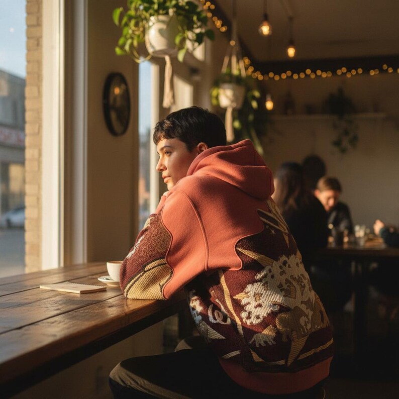 May include: A person wearing a coral-colored hoodie with a detailed tapestry design on the back, sitting at a wooden table near a window. A cup of coffee and a small notepad are on the table. The hoodie features a hood and intricate patterns.