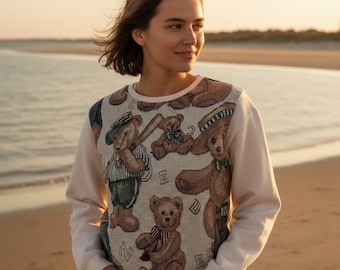 Teddy Bear Tapestry Sweatshirt: Handmade Woven Cottagecore Pullover