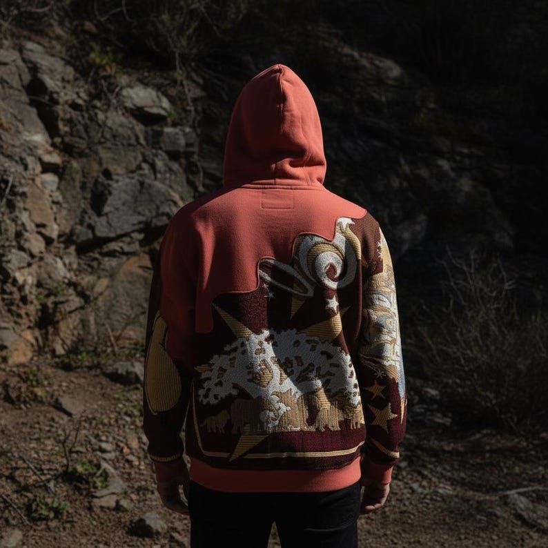 May include: A coral-colored hooded sweatshirt with a detailed tapestry design on the back. The tapestry features a cream-colored tree, sunburst, and animal figures in brown, gold, and cream. The hoodie has a drawstring and a kangaroo pocket.