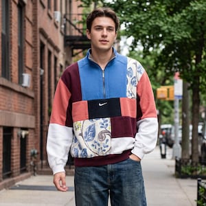 Upcycled Vintage Patchwork Sweatshirt, Nike Quarter Zip Pullover, Floral Reworked Fleece, Retro Color Block Streetwear