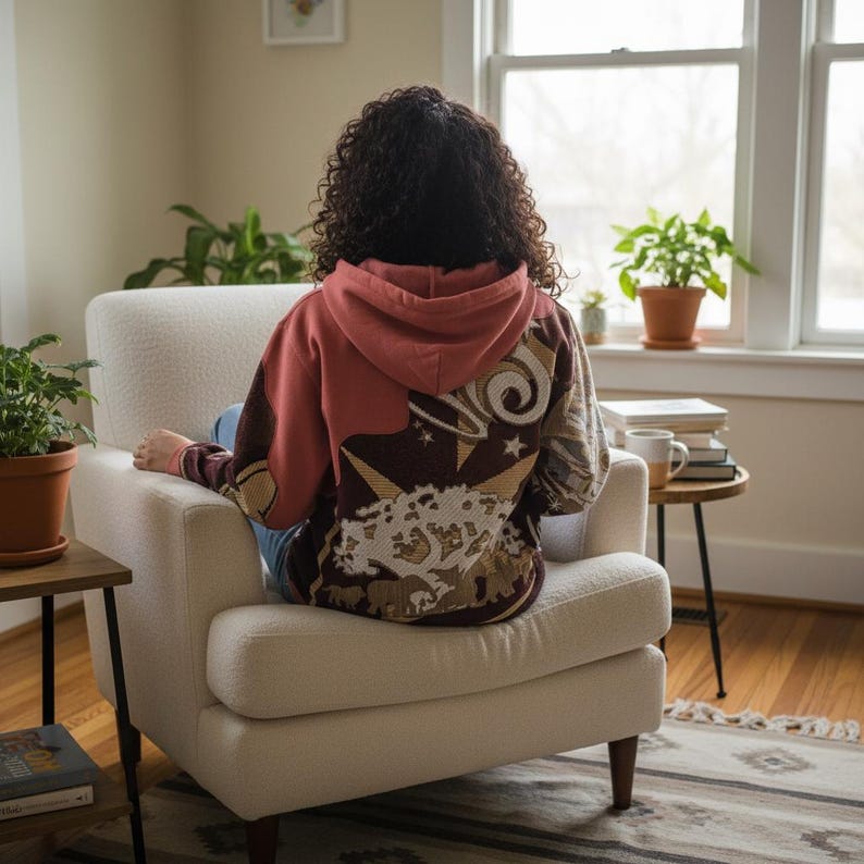 May include: A person wearing a rust-colored hoodie with a patterned design on the back, seated in a cream-colored armchair. The design features a mix of brown, tan, and cream colors with celestial and animal motifs. The person is in a well-lit room with plants.