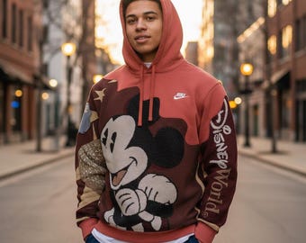 Tapestry Hoodie Reworked Mickey Mouse Disney World Sweatshirt Upcycled Streetwear Custom Nike TNF Puma Large Hoodie Handcrafted Pullover