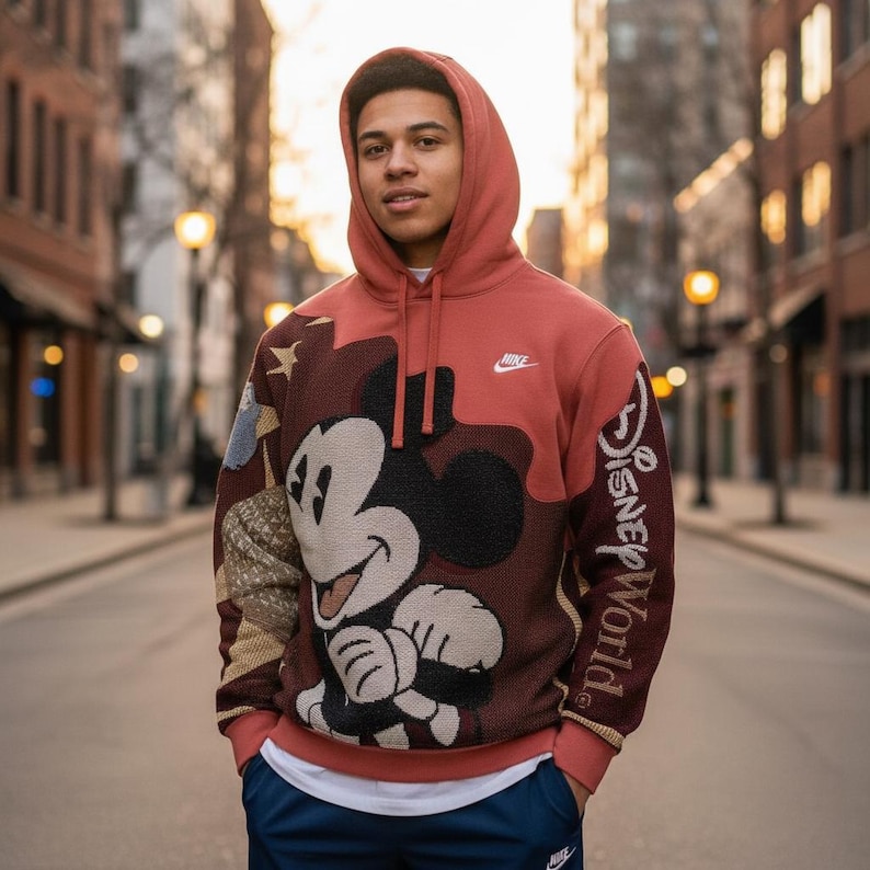 May include: A red-orange Nike hoodie featuring a large Mickey Mouse design on the front. The sleeves have "Disney World" printed on them. The hoodie has a drawstring hood and a small Nike logo on the chest.