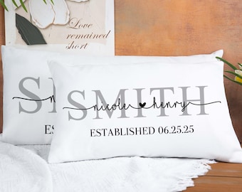 Wedding Gifts, Newlywed Gift, Engagement Gift, Personalized Pillow with Names and Established Date, Linen Pillow Cover, Gift for Couple