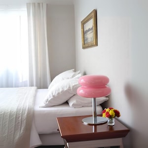 Macaron pink Glass Table Lamp with Trichromatic Dimming, Eye Protection Night Light for Living Room & Girl Bedroom, Cozy Bedside Decor Gift