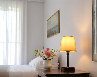 Cordless Black LED Table Lamp: USB Rechargeable, Warm Light, Fabric Shade