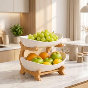 Puede incluir: Un frutero de dos niveles con dos cuencos ovalados de cerámica blanca sostenidos por una estructura de madera clara. El cuenco superior está lleno de uvas verdes, mientras que el inferior contiene una mezcla de naranjas, manzanas verdes y limones amarillos.