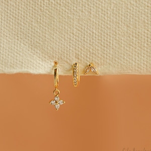 Moonlight Bloom Hoop Earring Set • Dainty Petal Sparkle Earring Set • 18K Gold & Rhodium Plated • Dainty Jewelry Gift • Flower Studs