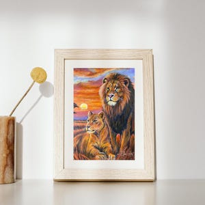 Stampa artistica di leone e leonessa - Decorazione murale Art Deco, dipinto di fauna selvatica con tramonto africano - Decorazione murale safari per la casa