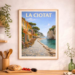 May include: Framed art print featuring a coastal scene with the text "LA CIOTAT" in blue. The artwork depicts a seaside street with colorful buildings, tables, and chairs, leading to a turquoise sea and cliffs under a blue sky.