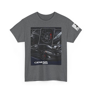 May include: Dark gray t-shirt featuring a graphic of a black Hyundai Genesis coupe with red brake calipers. The design includes multiple views of the car and the text "GENESIS 2009".