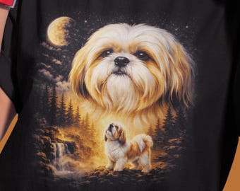Camiseta de Shih Tzu aullando a la luna, camiseta vintage con animales lunares, camiseta retro con estampado de animales de los 90, regalo para mamá de perro Shih Tzu