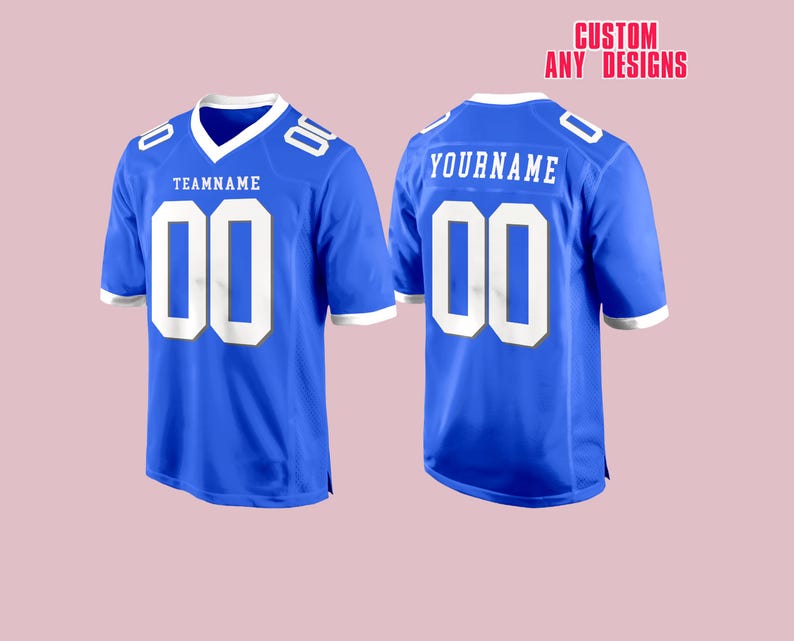 May include: A royal blue football jersey with white accents and the number "00" on the front and back. The front of the jersey has the text "TEAMNAME" above the number, and the back has "YOURNAME". The text "CUSTOM ANY DESIGNS" is at the top.