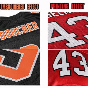 May include: Close-up of two sports jerseys, one black and one red. The black jersey has an embroidered name and number in orange and white. The red jersey has a printed number in white. The text "EMBROIDERED EFFECT" and "PRINTING EFFECT" are at the top.