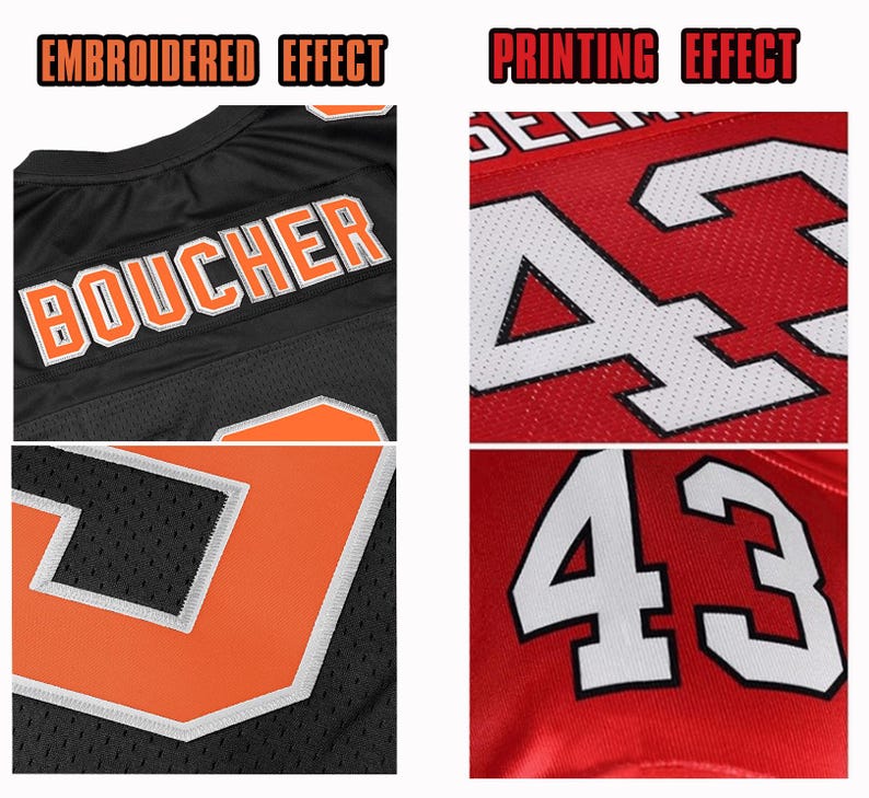 May include: Close-up of two sports jerseys, one black and one red. The black jersey has an embroidered name and number in orange and white. The red jersey has a printed number in white. The text "EMBROIDERED EFFECT" and "PRINTING EFFECT" are at the top.