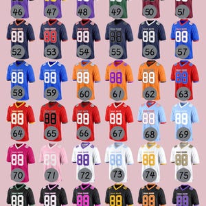 May include: A grid of 36 football jerseys in various colors, each with the number "88" and space for a team name. Colors include purple, gold, green, maroon, navy, blue, orange, red, pink, white, and black. Numbers are in white.