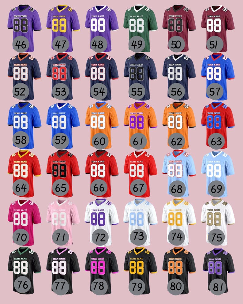 May include: A grid of 36 football jerseys in various colors, each with the number "88" and space for a team name. Colors include purple, gold, green, maroon, navy, blue, orange, red, pink, white, and black. Numbers are in white.