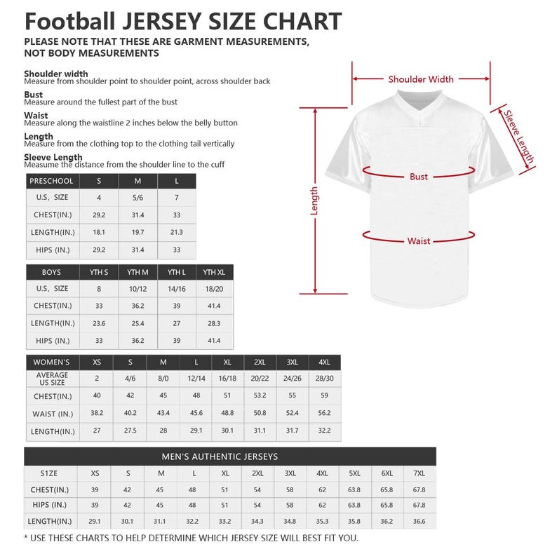 May include: Football jersey size chart with measurements for preschool, boys, women's, and men's authentic jerseys. Includes chest, waist, and length measurements in inches. The chart also shows average US sizes.