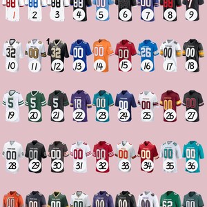 May include: A collection of football jerseys in various colors, each with a unique number and design. The jerseys are arranged in rows, showcasing a variety of team colors and styles. The numbers on the jerseys range from 0 to 88.