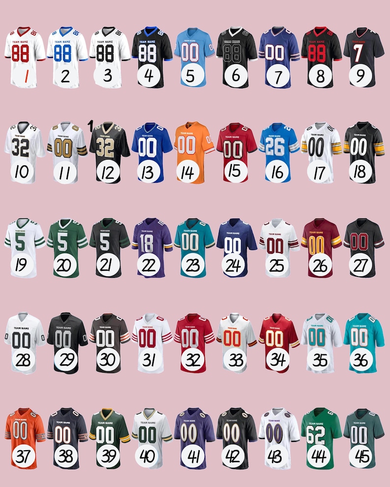 May include: A collection of football jerseys in various colors, each with a unique number and design. The jerseys are arranged in rows, showcasing a variety of team colors and styles. The numbers on the jerseys range from 0 to 88.