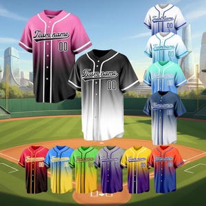 May include: Baseball jerseys in various colors, including pink, black, blue, and yellow, with the text "Team name" and the number "00" on the front. The jerseys have a button-up design and white accents. The background shows a baseball field.