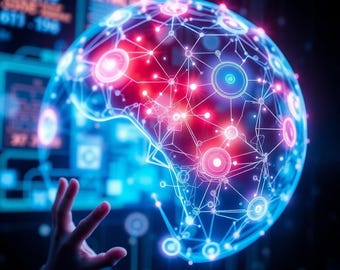 May include: A glowing digital sphere representing a human brain, constructed from interconnected blue and red nodes and lines. The structure features bright circular points of light linked by thin, luminous pathways against a dark background.