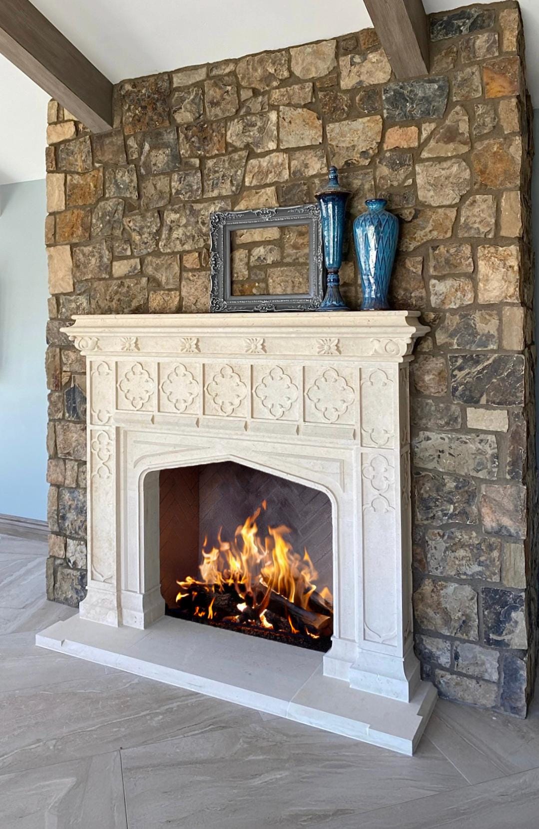 Custom Limestone Fireplace Mantel – Hand-carved Gothic Quatrefoil
