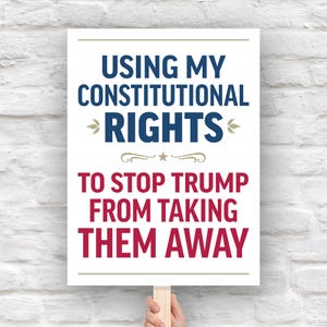 Protest sign with bold uppercase text in patriotic red and blue that reads "Using my constitutional rights to stop Trump from taking them away."