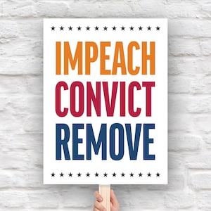 Puede incluir: Un cartel blanco con las palabras "IMPEACH CONVICT REMOVE" en naranja, rojo y azul, sostenido por un palo de madera. El cartel tiene una fila de estrellas negras en la parte superior e inferior.