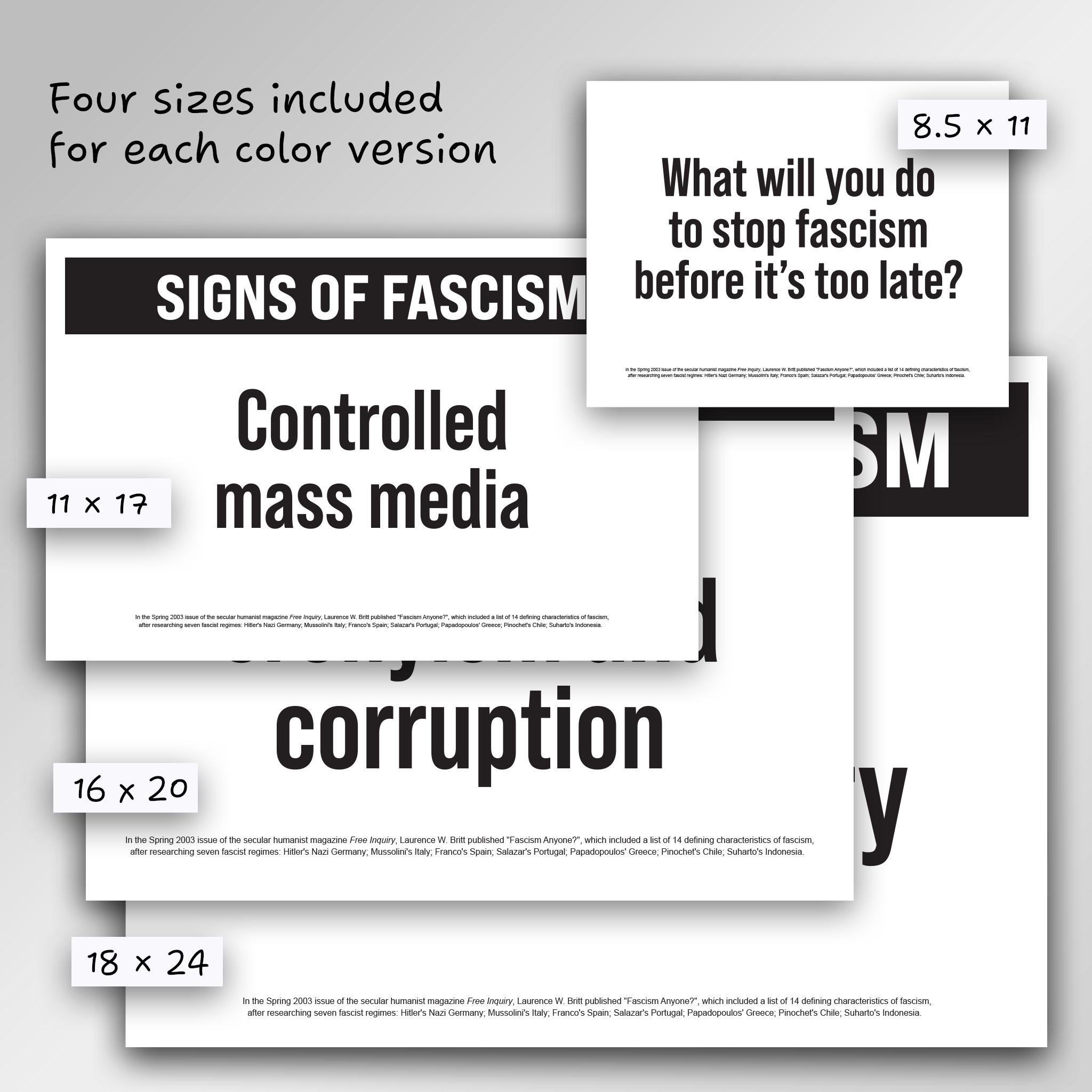 Signs of Fascism Protest Sign Bundle: 16 Posters in 4 Sizes (printable ...