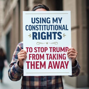 Person holding protest sign with bold uppercase text in patriotic red and blue that reads "Using my constitutional rights to stop Trump from taking them away."