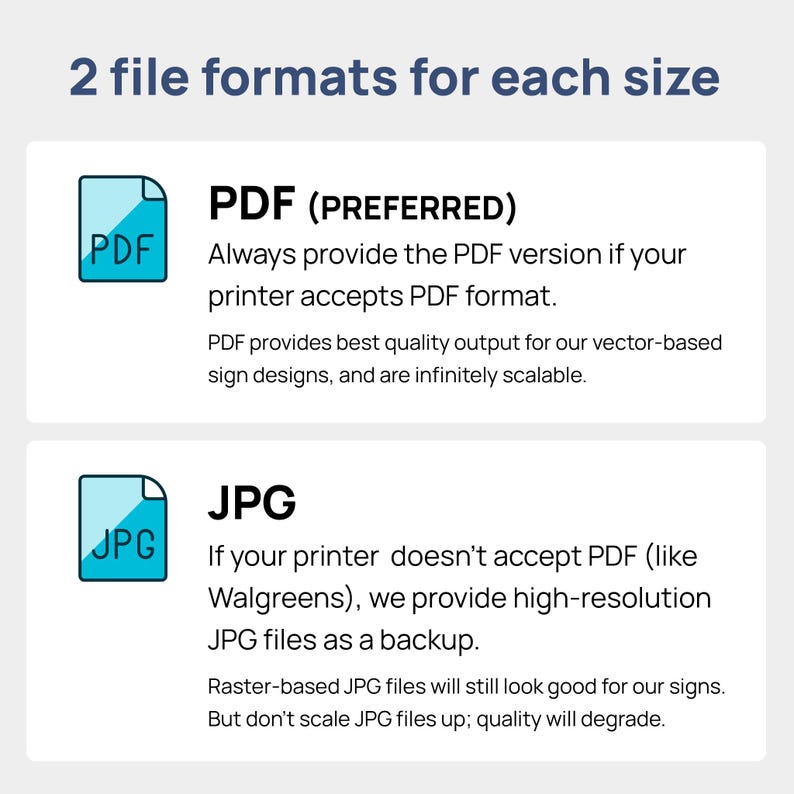 Two file formats include for each size: PDF (preferred) and JPG, for when your printer cannot print PDF files.