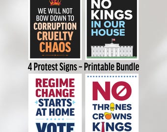 No Kings Protest Sign Bundle – 4 Printable Rally Signs – Protest Posters