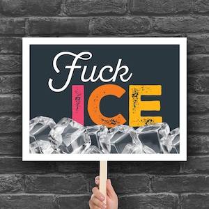 May include: A sign with the words "Fuck ICE" in white, pink, orange, and yellow letters. The sign is held up in front of a brick wall. The bottom of the sign has a graphic of ice cubes.