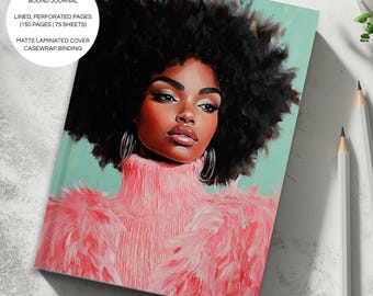 Salmon Pink Hardcover Lined Journal  | A5 5.75"x8" | Original Black Art Design | Notebook | A5 | Inspirational Self Care | Gift Stationery