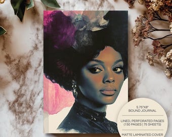 Watercolor Plumes Hardcover Journal | A5 | Black Woman Art Notebook | Lined Diary | Writing Gift for Her | Vintage Afrocentric Stationery