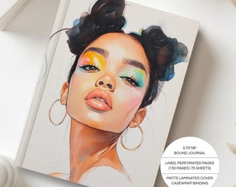 Vibrant Portrait Hardcover Lined Journal | A5 | Black Art | Personal Notebook | Inspirational Self Care Gift Stationery | Perforated Pages