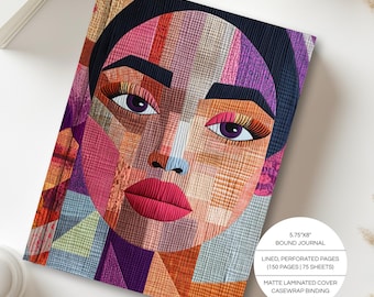 Quilt-Style Portrait Journal | Hardcover Lined Notebook | Black Woman Art | A5 5.75"x8" | Gratitude Journal | Wellness | Self Care | Gifts