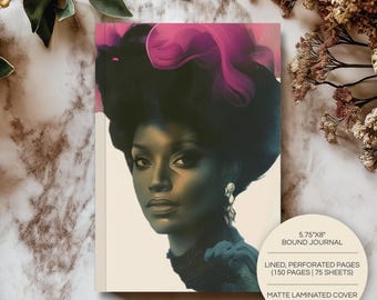 Watercolor Plumes Hardcover Journal | A5 | Black Woman Art Notebook | Lined Diary | Writing Gift for Her | Vintage Afrocentric Stationery