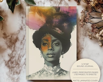 Watercolor Plumes Hardcover Journal | A5 | Black Woman Art Notebook | Lined Diary | Writing Gift for Her | Vintage Afrocentric Stationery