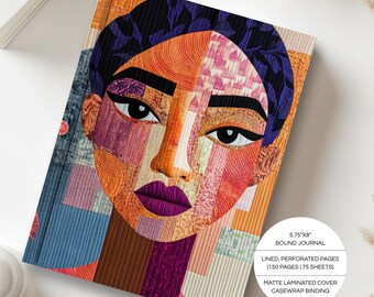 Quilt-Style Portrait Journal | Hardcover Lined Notebook | Black Woman Art | A5 5.75"x8" | Gratitude Journal | Wellness Gifts