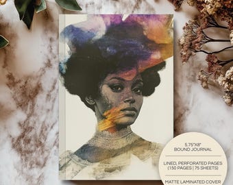 Watercolor Plumes Hardcover Journal | A5 | Black Woman Art Notebook | Lined Diary | Writing Gift for Her | Vintage Afrocentric Stationery