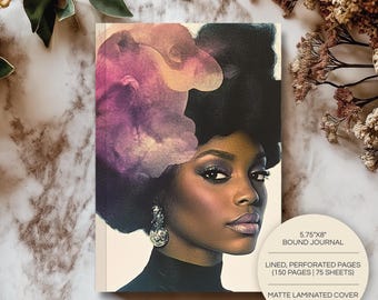 Watercolor Plumes Hardcover Journal | A5 | Black Woman Art Notebook | Lined Diary | Writing Gift for Her | Vintage Afrocentric Stationery