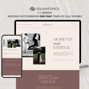 May include: A website template for a wedding photographer, displayed on a laptop and smartphone. The design features a minimalist aesthetic with a muted color palette and the text "MOMENTS made ETERNAL". The template is fully editable.