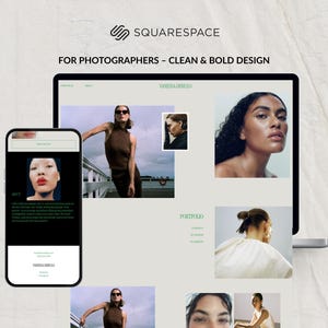 Könnte beinhalten: Ein Squarespace-Website-Design für Fotografen wird auf einem Laptop und einem Smartphone angezeigt. Das Design zeichnet sich durch eine klare und kühne Ästhetik aus, mit Bildern von Models und dem Text "FOR PHOTOGRAPHERS - CLEAN & BOLD DESIGN".