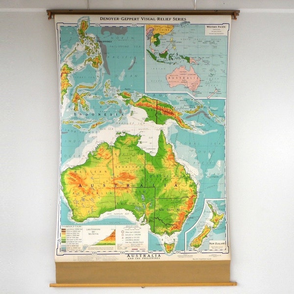 Vintage 1963 Australia Pull Down Classroom  Map, Gorgeous Colors, Denoyer Geppert School Map